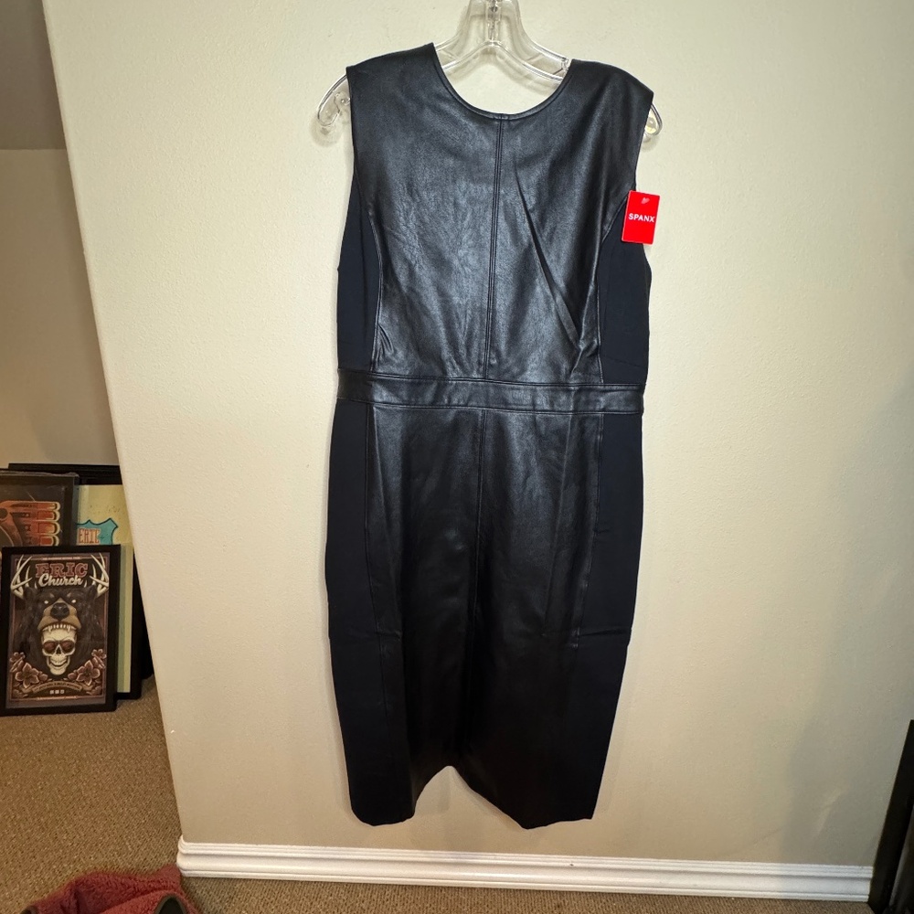 NWT Spanx Leather-Like Combo Fitted Dress, Womens XL Luxe Black